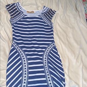 Spiked shoulder blue and white mini bodycon dress